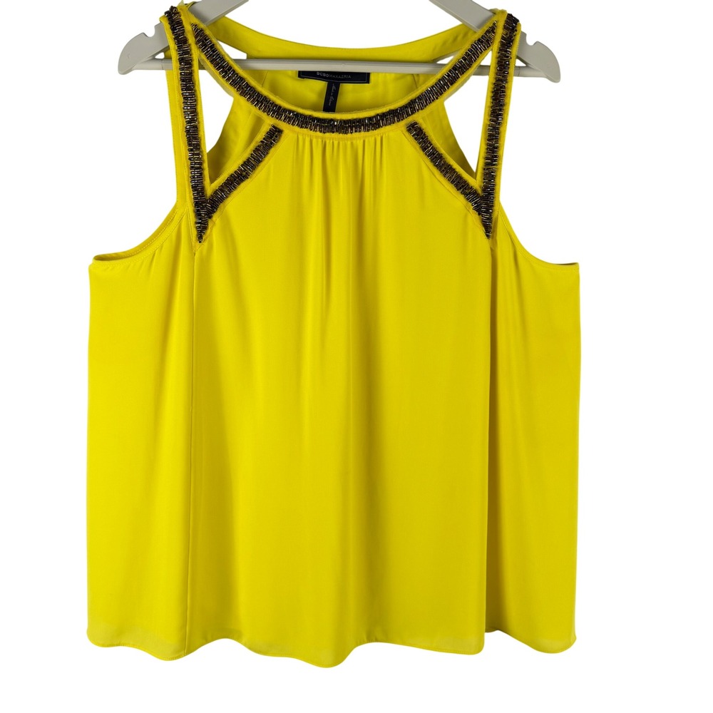 BCBGMAXAZRIA Womens Sz L Neon Yellow Beaded Neckline Sleeveless Blouse Glam